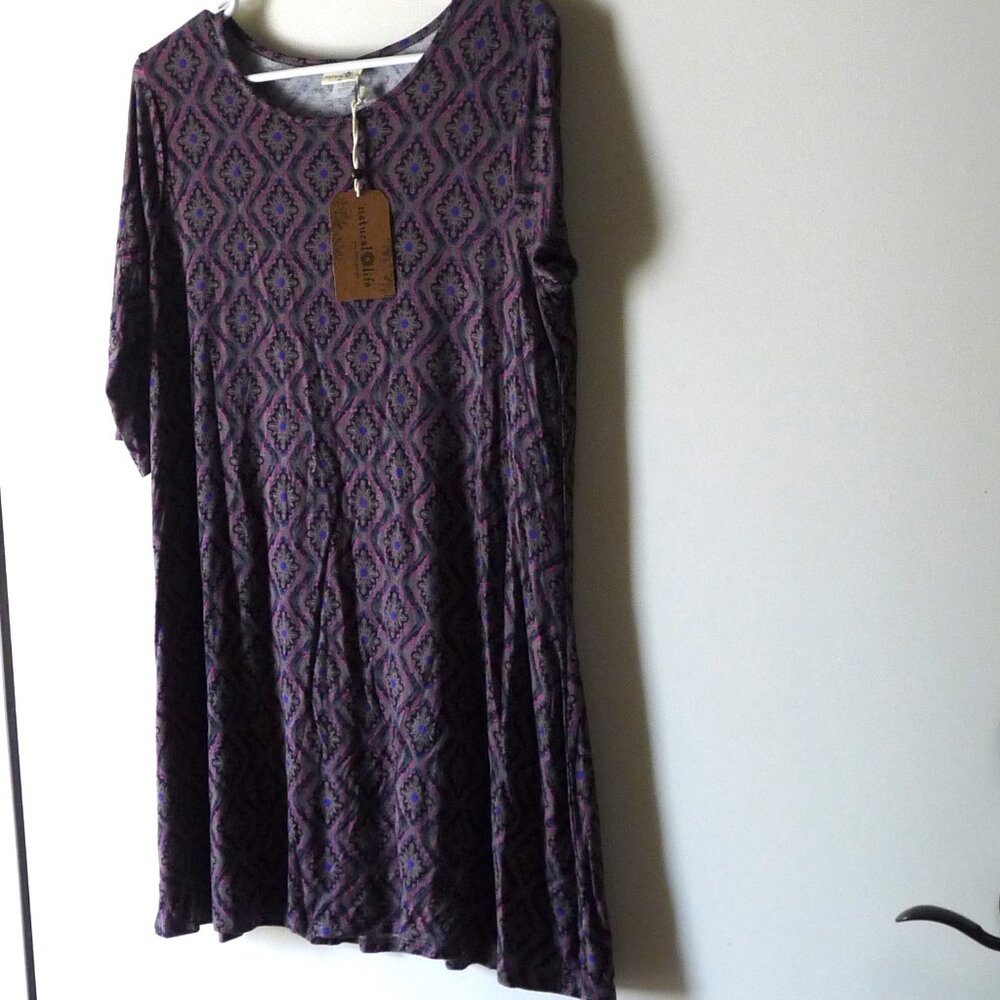 Natural Life boho geometric print midi tunic dress L rayon tan pink black